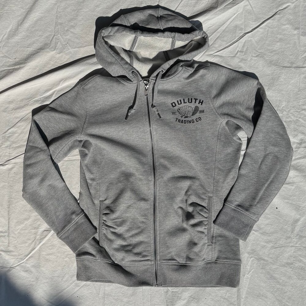 Duluth Trading Company Co Grey Beaver Logo Zip Up Sweatshirt Ruched Pockets